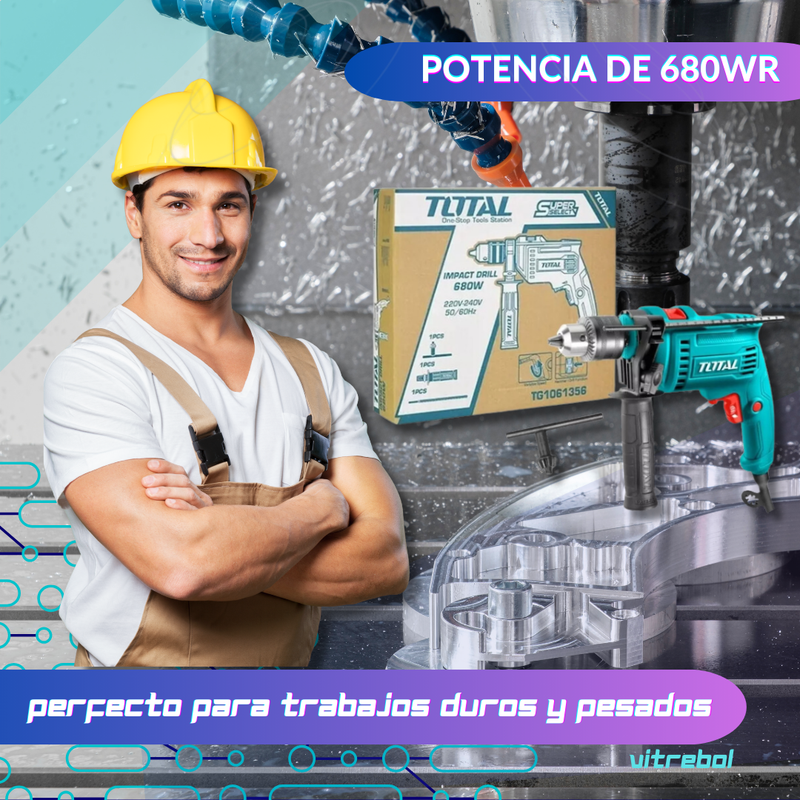 Taladro Percutor 1/2 de 680w de potencia marca Total.