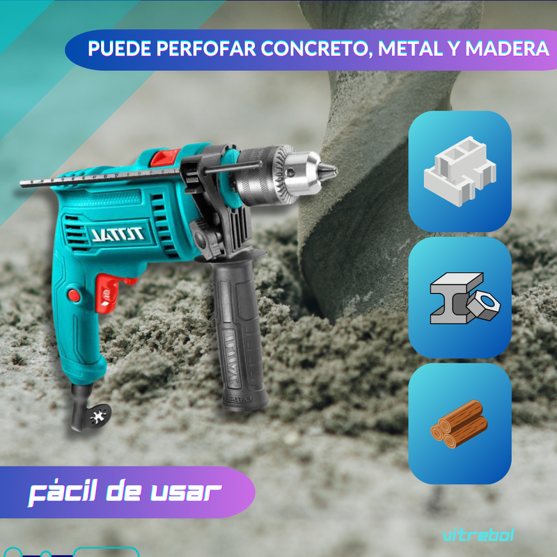 Taladro Percutor 1/2 de 680w de potencia marca Total.