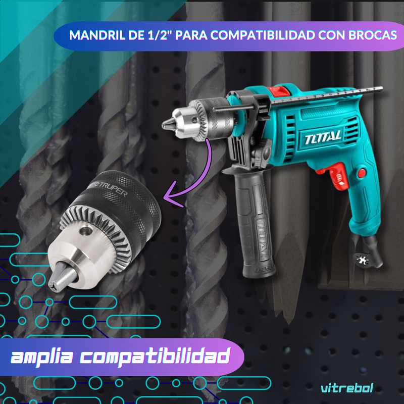 Taladro Percutor 1/2 de 680w de potencia marca Total.